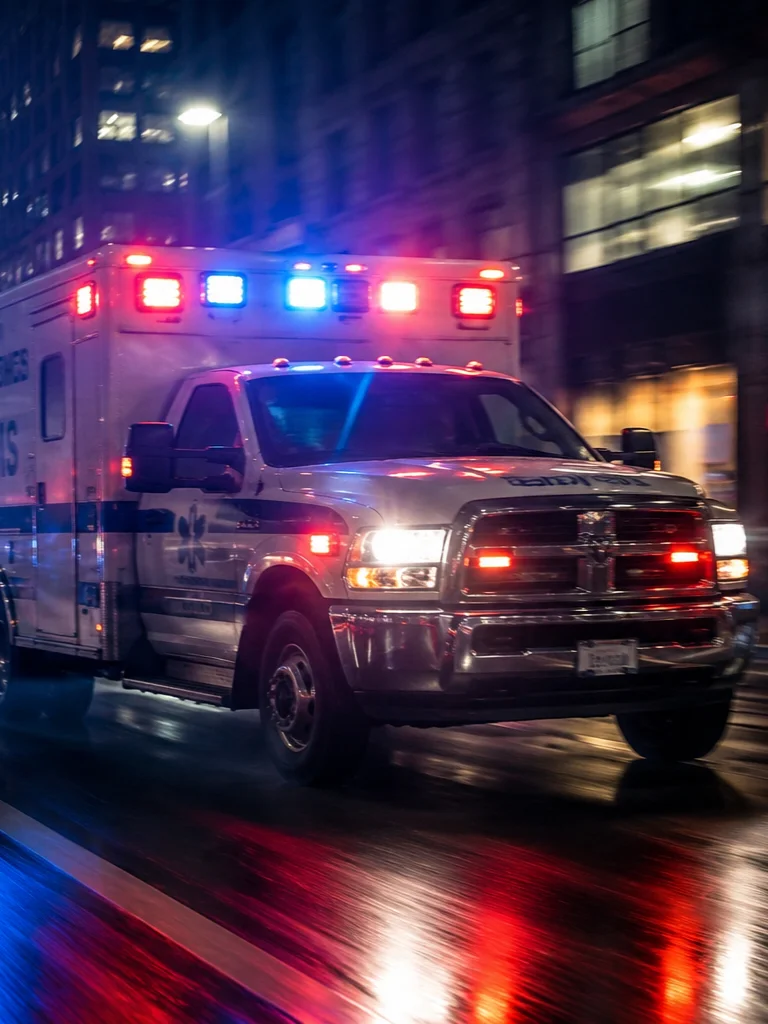 Ambulance responding at night with its emergency lights on