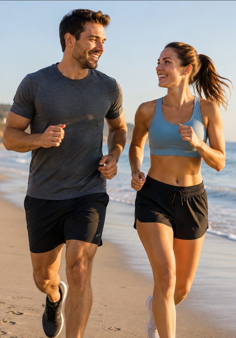 Couple jogging together outdoors as part of a wellness and weight management routine